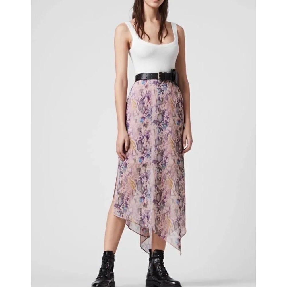 AllSaints Rhea Masala Skirt Purple Snakeskin Animal Pink Asymmetric Midi size 10